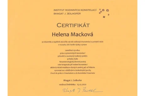 Certifikát rodinné konstelace Bhagat